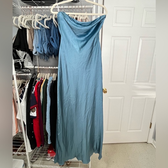 Charlita Maxi Dress - Strapless Cowl Back Satin Dress in Steel Blue